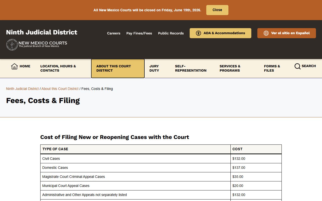 Roosevelt County Court Clerk fees and filing costs