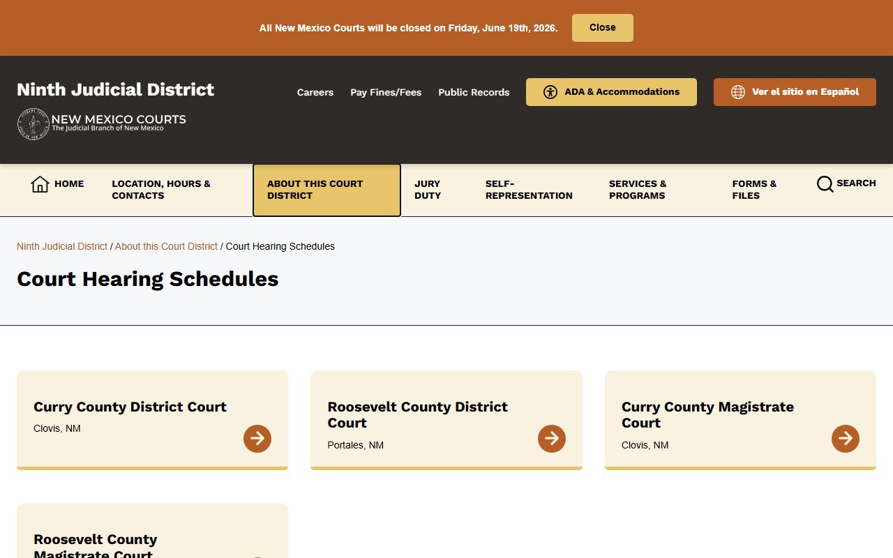 Roosevelt County court dockets Ninth Judicial District docket landing page