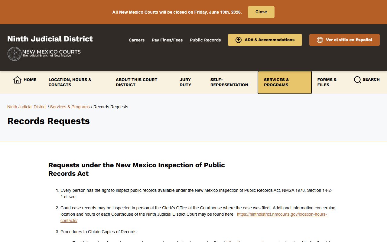 Roosevelt County court records Ninth District records request page