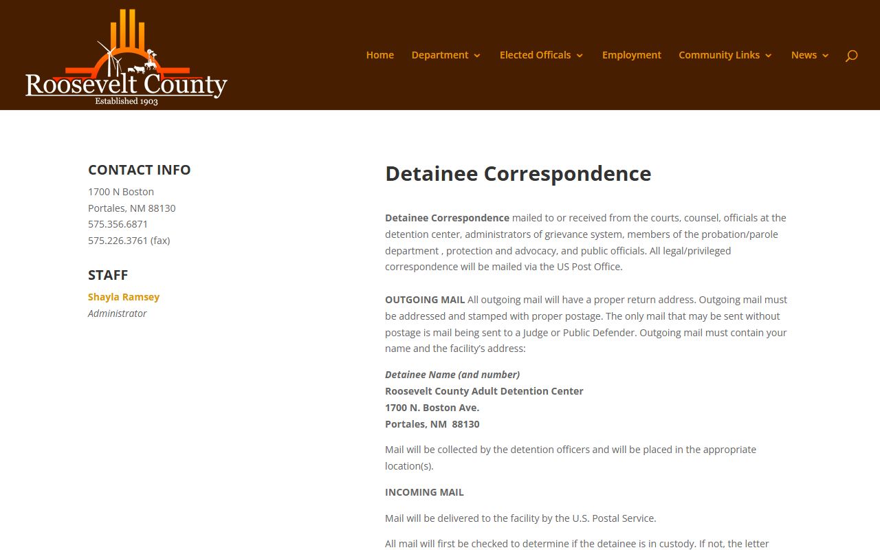 Roosevelt County inmate search detention correspondence rules