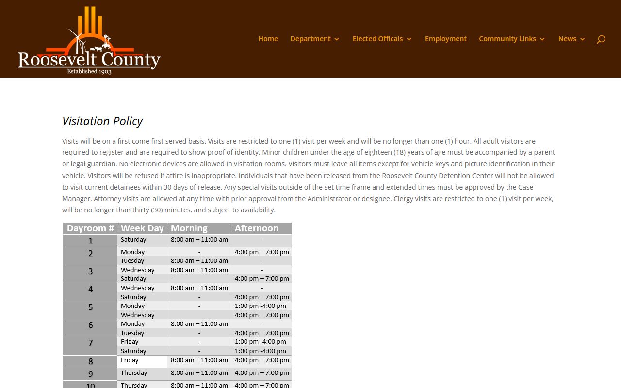 Roosevelt County inmate search detention visitation policy