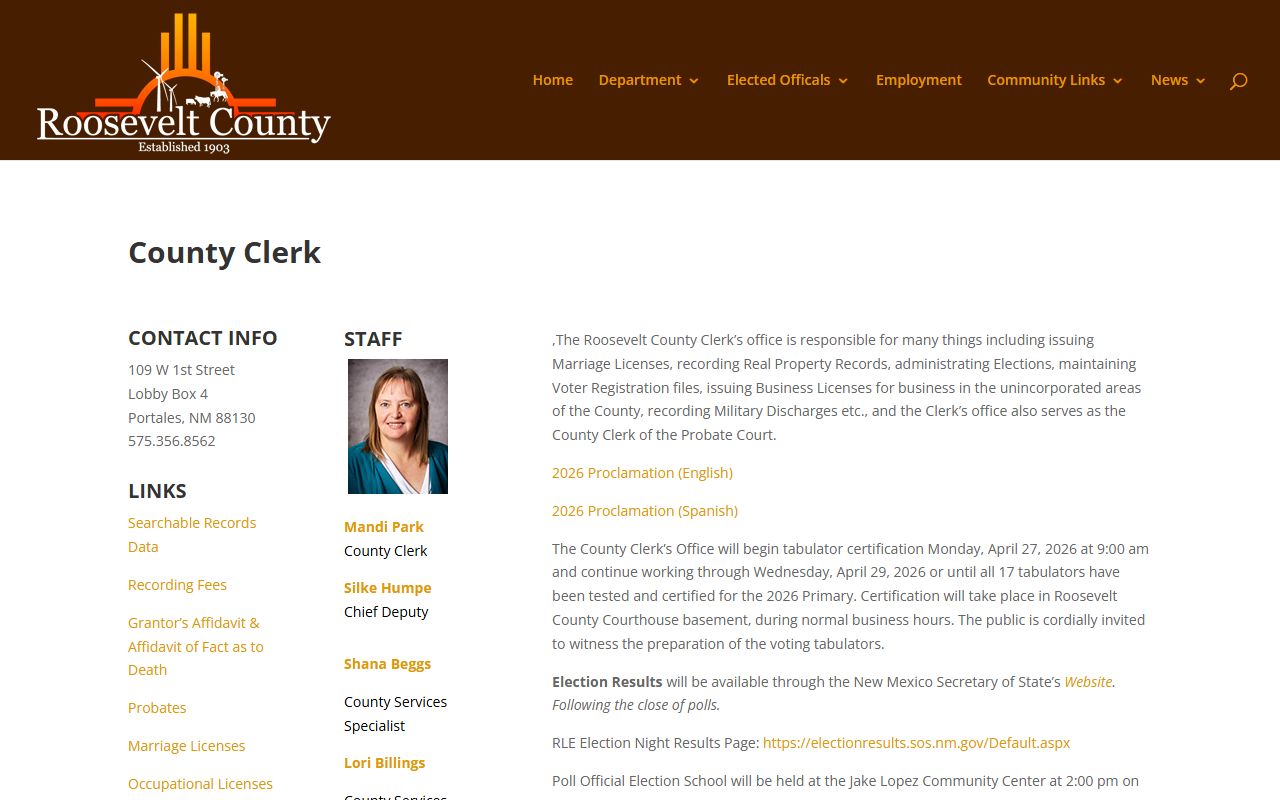 Roosevelt County marriage and divorce records County Clerk page