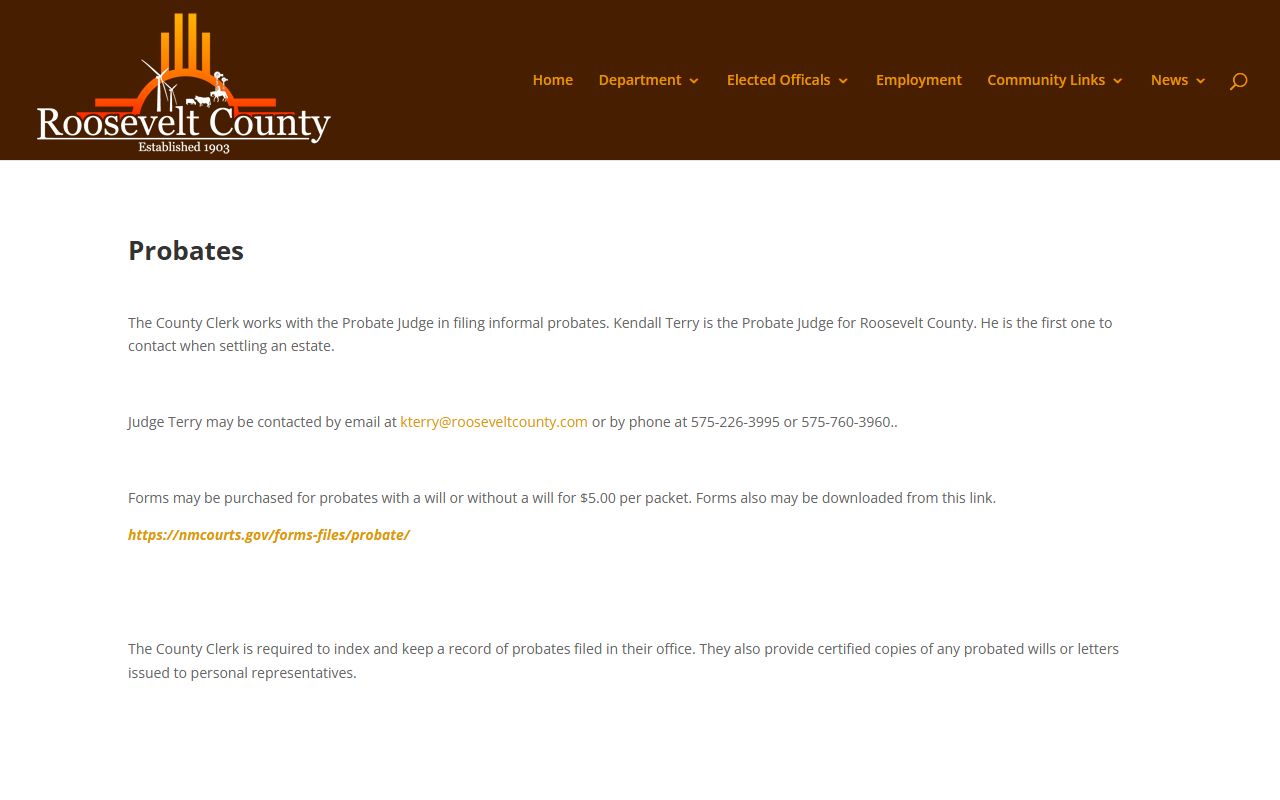 Roosevelt County probate records County Clerk probate page