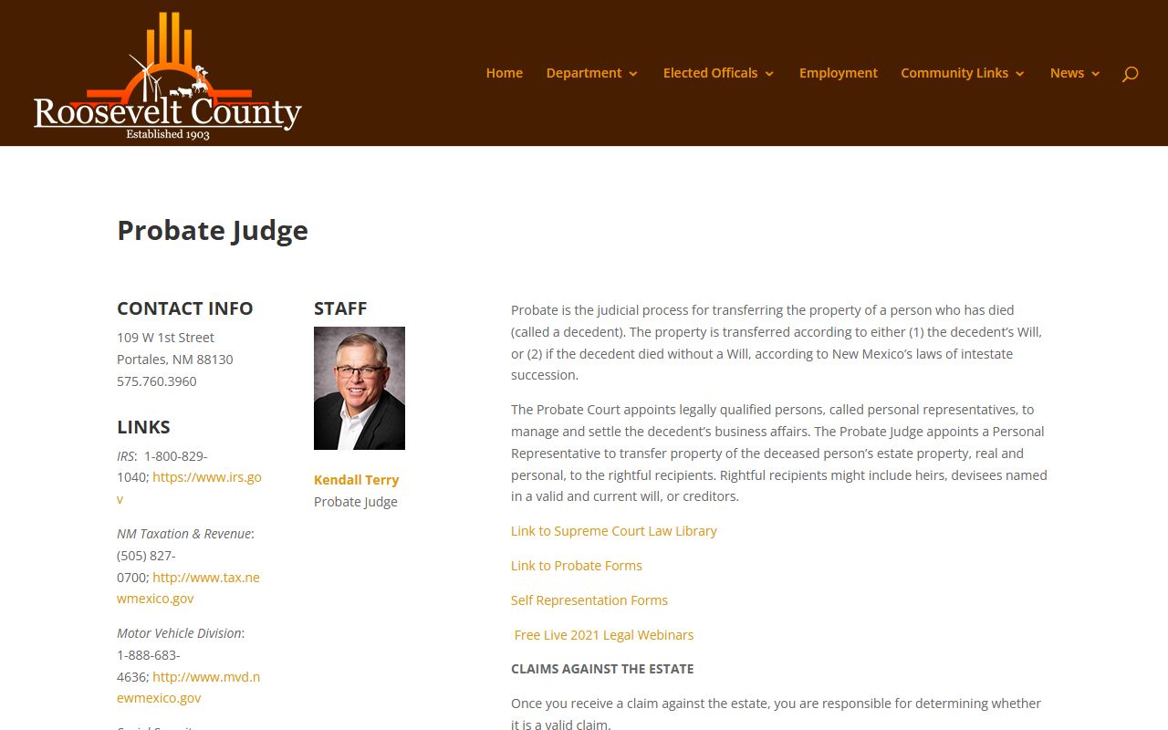 Roosevelt County probate records Probate Judge contact page