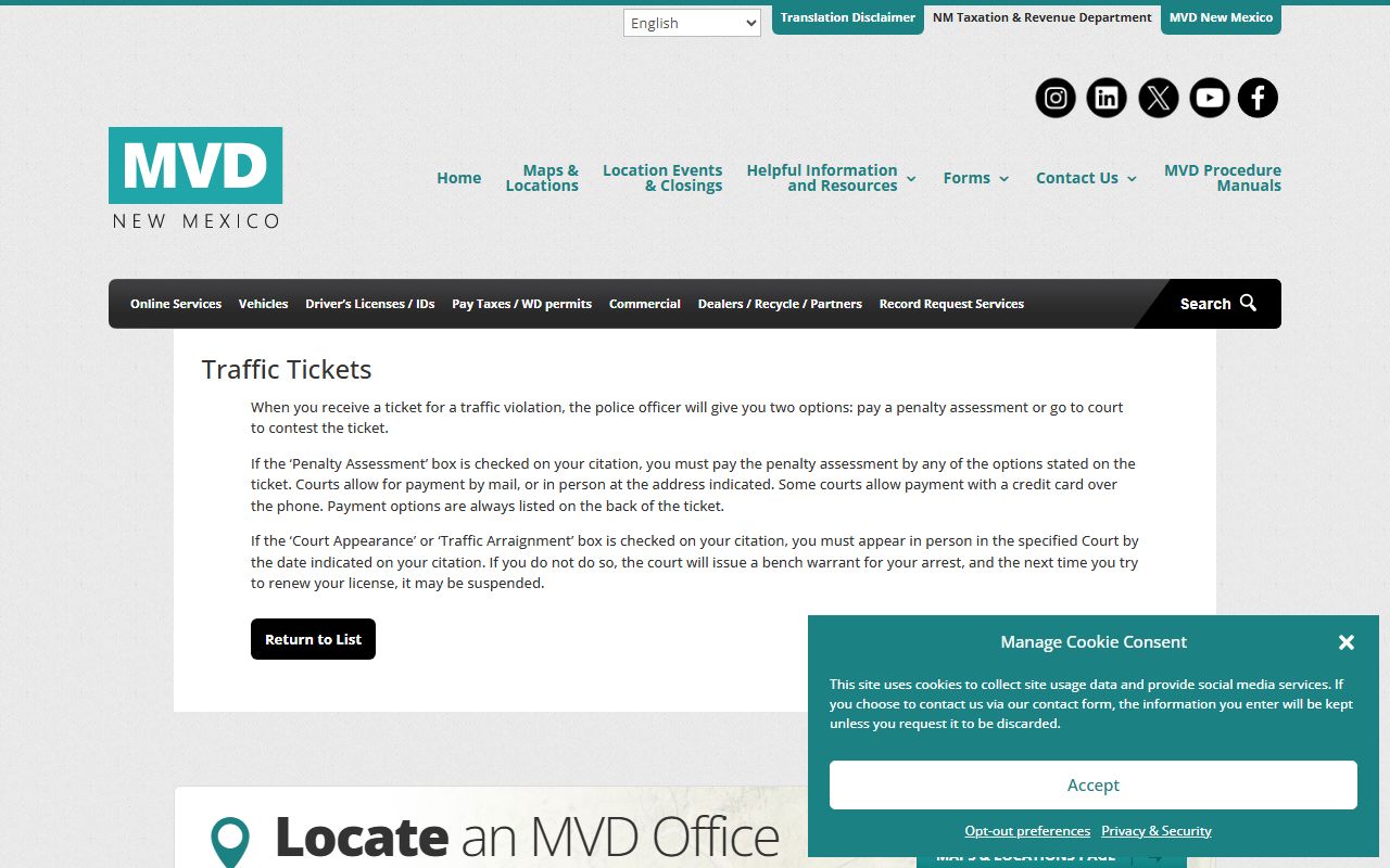 Roosevelt County traffic court records New Mexico MVD traffic tickets page