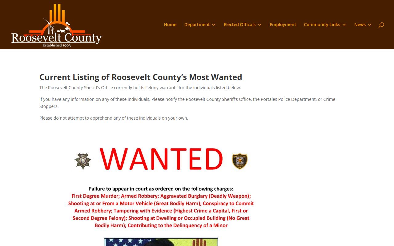Roosevelt County warrant search Most Wanted page